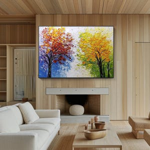 Bunter Baum Landschaftsmalerei, abstrakte Doppelbaum-Wandkunst, strukturierte handgemalte Natur-Leinwand, lebendiges modernes Wohndekor