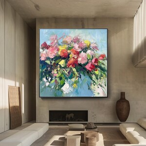 Large Abstract Floral Painting, Hand-Painted Colorful Flower Canvas Art, Impressionist Blooming Garden Wall Decor Textured Botanical Artwork