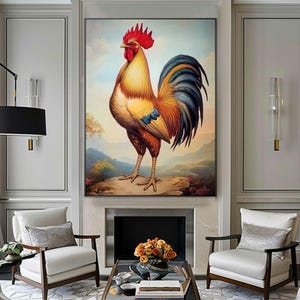 Majestic Rooster Oil Painting | Hand-Painted Farmhouse Wall Art | Vintage Country Decor | Rustic Barn Animal Canvas |Classic Poultry Artwork