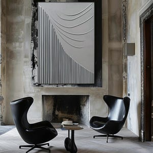 Grande oeuvre d'art murale abstraite 3D minimaliste, peinture texturée moderne noir et blanc, toile géométrique artisanale, décoration d'intérieur monochrome de luxe