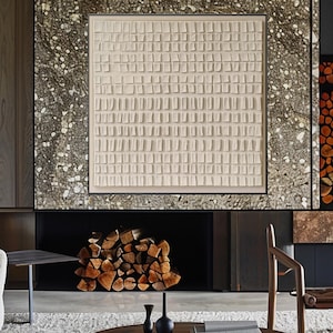 Peinture texturée blanche minimaliste - Art géométrique en relief carré en crème neutre, décoration murale abstraite moderne