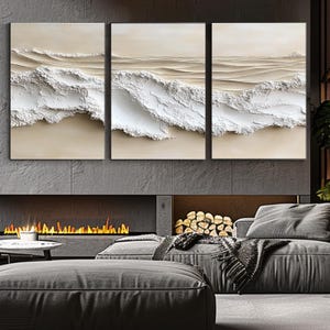 Triptyque texturé vague - oeuvre d'art murale océan minimaliste peinte à la main en beige et blanc, toile abstraite 3 panneaux