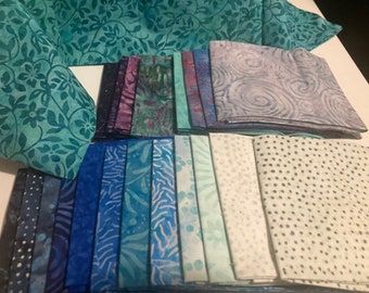 fabric destash - Opal Batik set of 20 fat quarters - oop and htf gorgeous colors - teal, blue, purple - so pretty