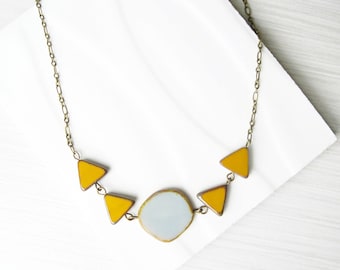 Geometric Necklace, Mustard Yellow Jewlery, Grey, Bib, Anitqued Brass, Nickel Free Sterling Silver Option, Modern, Czech Glass