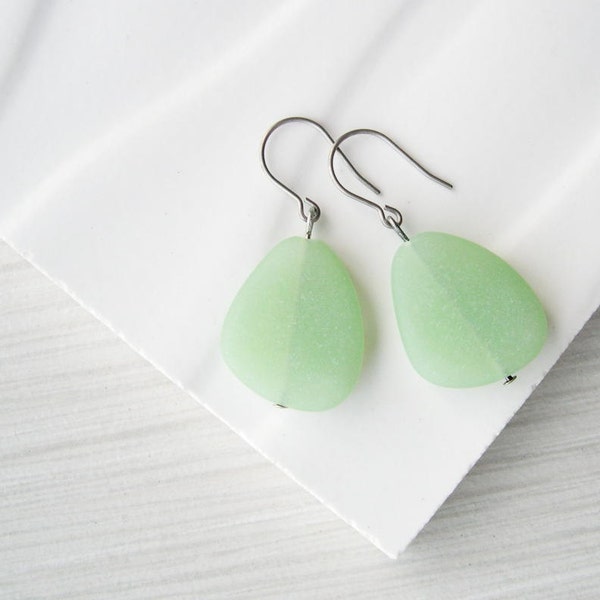 Mint Green Dangle Earrings, Eco Friendly Jewelry, Recycled Glass, Nickel Free Titanium, Seaglass Look, Frosted, Simple, Pastel, Earthy, Boho