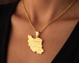 Collar con mapa de Irán y ciudades, colgante persa de oro de 18k, unisex, joyería iraní, regalo, collar de oro y plata de 18k / collar de Irán / regalo para ella