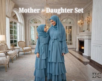 Premium Mother Daughter Matching Abaya Set | Layered Chiffon Eid Abayas for Women, Girls | Ramadan Gift | Eid Gift