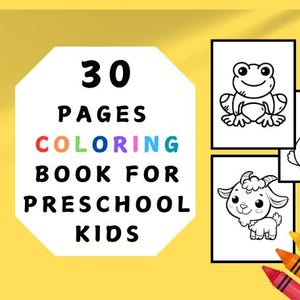 May include: A coloring book for preschool kids with 30 pages featuring black and white illustrations of a frog, a rabbit, and a goat. The book cover has the text "30 Pages Coloring Book for Preschool Kids" in colorful letters.