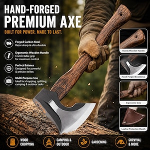 2-Piece Hand-Forged Steel Splitting Axe Set, Wood Handle Camping Hatchet, Bushcraft Tool