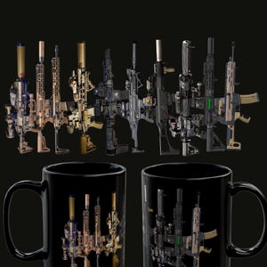 May include: Two black coffee mugs with a design of multiple black and tan rifles on each mug.