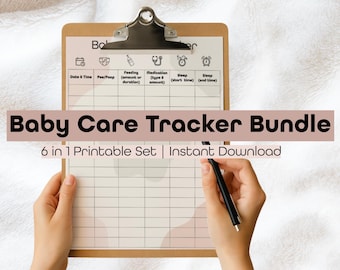 May include: A clipboard with a baby care tracker printable. The tracker includes sections for date and time, feeding, medication, and sleep. The text "Baby Care Tracker Bundle" is displayed prominently.