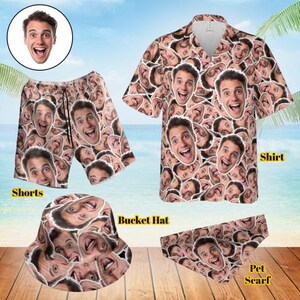 Aangepast Hawaiiaans shirt met gezichten, cadeau vrijgezellenfeest, aangepaste zwembroek emmerhoed huisdier sjaal cadeau, gepersonaliseerd jubileumcadeau