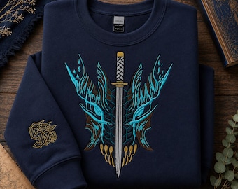 Vergil-bestickter Sweatshirt-Hoodie, inspiriert von DMC und dem Yamato-Schwert, Gaming-Geschenk, Blue Demon Gamer-Bekleidung
