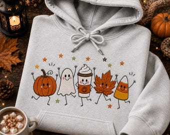 Halloween-Sweatshirt-Hoodie mit Kürbis- und Geisterstickerei, süßes Herbstkaffee-Design, gruseliges Geschenk für sie