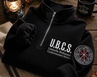 Resident Evil U.B.C.S. bestickter Kapuzenpullover mit Viertelreißverschluss, Raccoon City Gamer-Geschenk