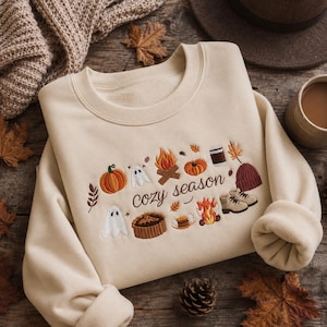 Geborduurde Cozy Season-trui, herfstpullover, katoen-polyester mix