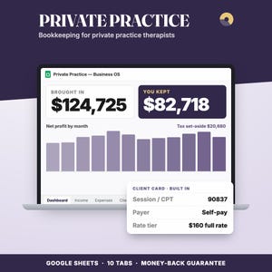 Könnte beinhalten: Ein digitales Dashboard mit dem Titel Private Practice Bookkeeping for private practice therapists auf einem Laptop-Bildschirm. Es zeigt Finanzdaten, darunter 124.725 $ Einnahmen, 82.718 $ Gewinn und 20.680 $ Steuerrücklagen, sowie ein Balkendiagramm und eine Kundenkarte.