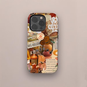 Puede incluir: Una funda de teléfono con un collage de imágenes de otoño, incluyendo calabazas, hojas y el texto "I'm a fall kind of girl".