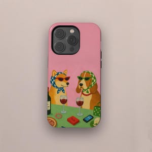 Nyckfullt vintage-telefonskal med hund och vin, MagSafe-fodral i retromålningsstil för iPhone 17 16 15 14 13 12 11 Pro Max, Samsung S25 S24 S23