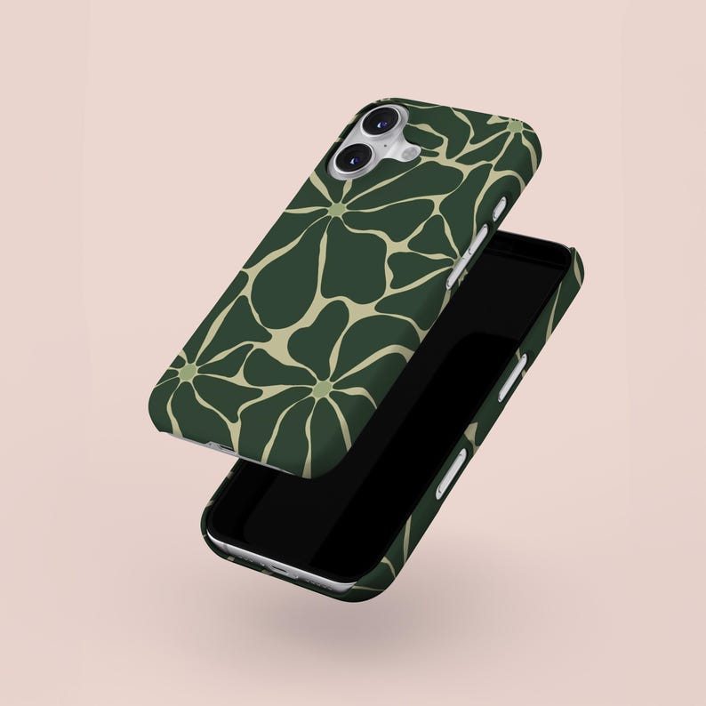 May include: Two dark green phone cases with a floral pattern in a lighter beige colour. One case is open, revealing the black screen of the phone. The cases are angled, showcasing the design and the phone's camera.