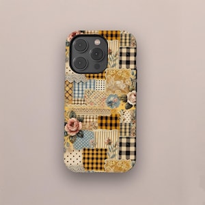May include: A phone case with a patchwork design. The case features a mix of patterns including gingham, floral prints, polka dots, and lace. The color palette includes yellow, pink, blue, and black.