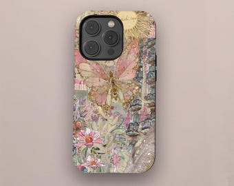70s Retro Butterfly Floral Collage Phone Case, Dreamy Vintage Floral Art Cover, iPhone 17 16 15 14 13 12 11 Pro Max, Samsung S25 S24 S23 S22