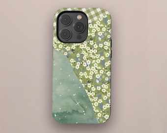 Telefoonhoesje met groene bloemen patchwork, hoesje met wilde bloemen, zachte natuur lente telefoonhoesje, iPhone 17 16 15 14 13 12 11 Pro Max, Samsung S25
