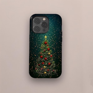 May include: A phone case with a festive Christmas tree design. The tree is adorned with red and gold baubles, a gold star, and twinkling lights, set against a dark green backdrop.