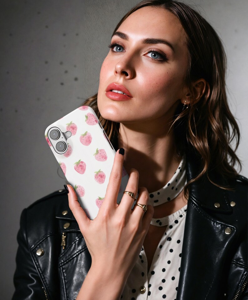 May include: A white smartphone case featuring a pattern of pink watercolor strawberries. The case has a camera cutout and is held up in front of a person. The person is wearing a black leather jacket and a white shirt with black polka dots.