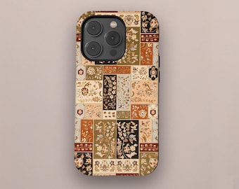 Vintage bloemen patchwork telefoonhoesje, boho quilt retro herfst Cottagecore iPhone 17 16 15 14 13 12 11 Pro Max, Samsung Galaxy S25 S24 S23 Ultra