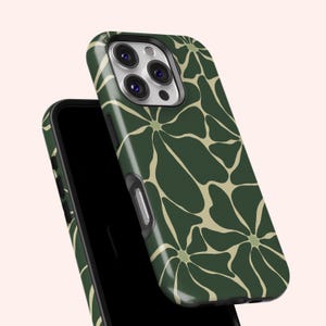 May include: A dark green phone case featuring a repeating floral pattern in a lighter tan colour. The case is shown on top of a black phone. The design is a modern, abstract floral print.