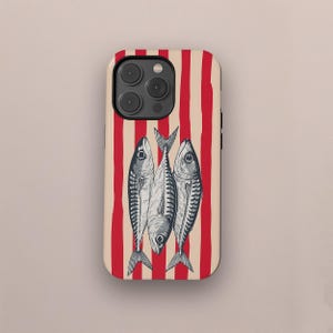 May include: A phone case with a design of three fish in a vintage style. The fish are black and white, set against a background of red and cream-coloured vertical stripes. The case has a black border and a camera cutout.
