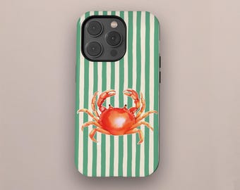 Striped Coastal Crab Phone Cases, Beachy Tropical Aesthetic Phone Case, iPhone 16 15 14 13 12 11 Pro Max, Samsung S25 S24 S23 S22 Ultra