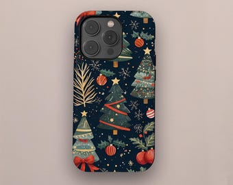 Vintage Christmas Tree Phone Case, Retro Pattern Xmas Phone Cover for iPhone 17 16 15 14 13 12 11 Pro Max, Samsung S25 S24 S23 S22 S21 Ultra
