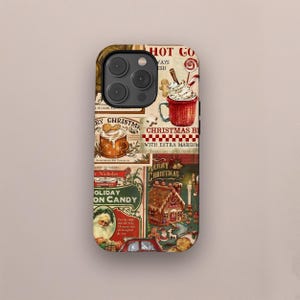 May include: A phone case featuring a collage of vintage Christmas-themed images. The design includes a mug of hot chocolate, gingerbread, and a gingerbread house. The case has a glossy finish and a protective bumper.