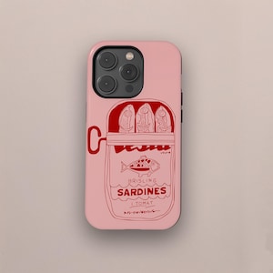 Coque de portable vintage poisson en boîte, collage de sardines, esthétique rustique, coque de portable été BCBG, iPhone 16 15 14 13 12 11 Pro Max, Samsung S23
