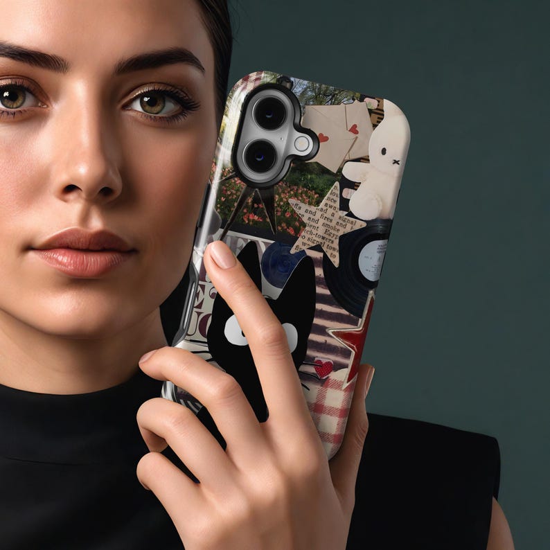 May include: A decorative phone case featuring a collage of images including a black cat, a white stuffed animal, a red star, and a vinyl record. The case has a clear, glossy finish and a multi-colored design.