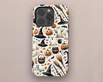 May include: A white phone case featuring a repeating pattern of Halloween-themed illustrations. The design includes pumpkins, ghosts, witch hats, candy corn, brooms, and bats in shades of orange, black, and white.