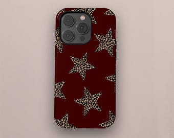 Dark Burgundy Star and Leopard Print Phone Case, Y2K Phone Cover Compatible with iPhone 17 16 15 14 13 12 11 Pro Max, Samsung S25 S24 S23