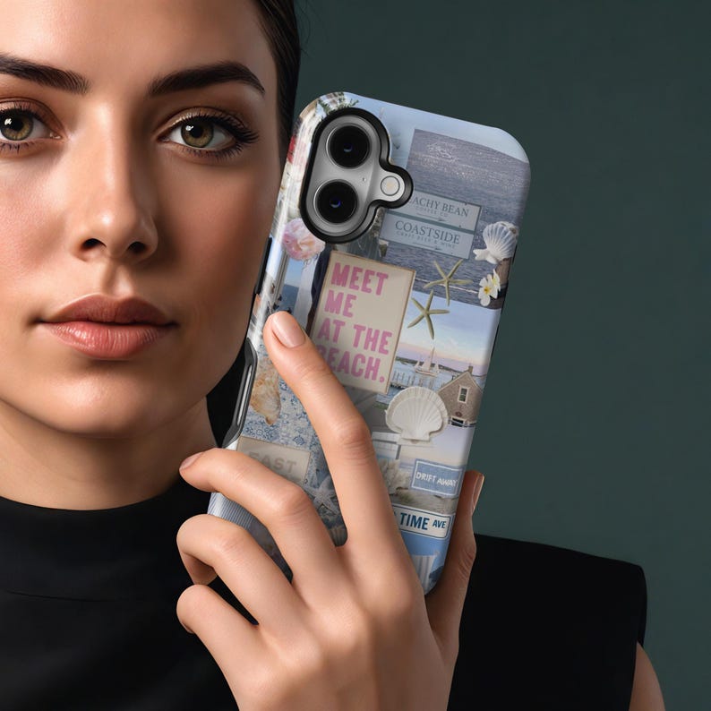 May include: A blue and white phone case with a collage of images and text. The text says "Meet me at the beach." and "Beachy Bean Coastside".