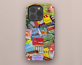 Vintage Tinned Fish Phone Case, Sardines Collage, Rustic Aesthetic Phone Cover, iPhone 17 16 15 14 13 12 Pro Max, Samsung Galaxy S25 S24 S23