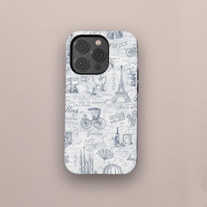 May include: A white iPhone case with a blue and gray vintage travel design. The design features a map, a carriage, a Eiffel Tower, and the words "France", "Spain", "Tea Time", and "Gracias".