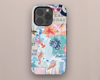 Seashells Beach Summer Jellyfish Collage Phone Case, Cute Coastal Aesthetic Cases, iPhone 16 15 14 13 12 11 Pro Max XS, Samsung S25 S24 S23