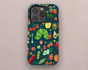 Funda para teléfono con una adorable oruga y una fruta, con una divertida ilustración de verduras, para iPhone 17, 16, 15, 14, 13, 12 y 11 Pro Max, Samsung S26, S25, S24 y S23 Ultra
