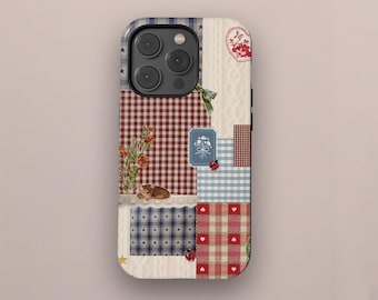 Patchwork quilt bloemen telefoonhoesje, retro cottagecore telefoonhoesje voor iPhone 17 16 15 14 13 12 11 Pro Max, Samsung S25 S24, herfstaccessoire