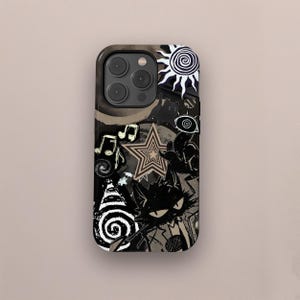 May include: Black and white phone case featuring a cat illustration with musical notes, stars, and a sun design. The case has a dark background with a swirling spiral and a moon.