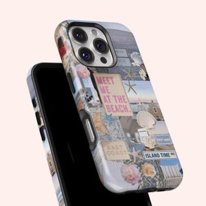 May include: A phone case with a collage of images featuring a beach scene, seashells, and text that says "Meet me at the beach." The case is blue and white with a pink and white floral design.