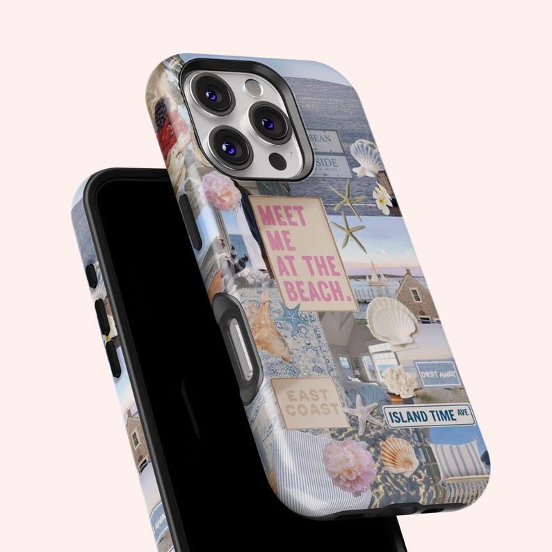 May include: A phone case with a collage of images featuring a beach scene, seashells, and text that says "Meet me at the beach." The case is blue and white with a pink and white floral design.