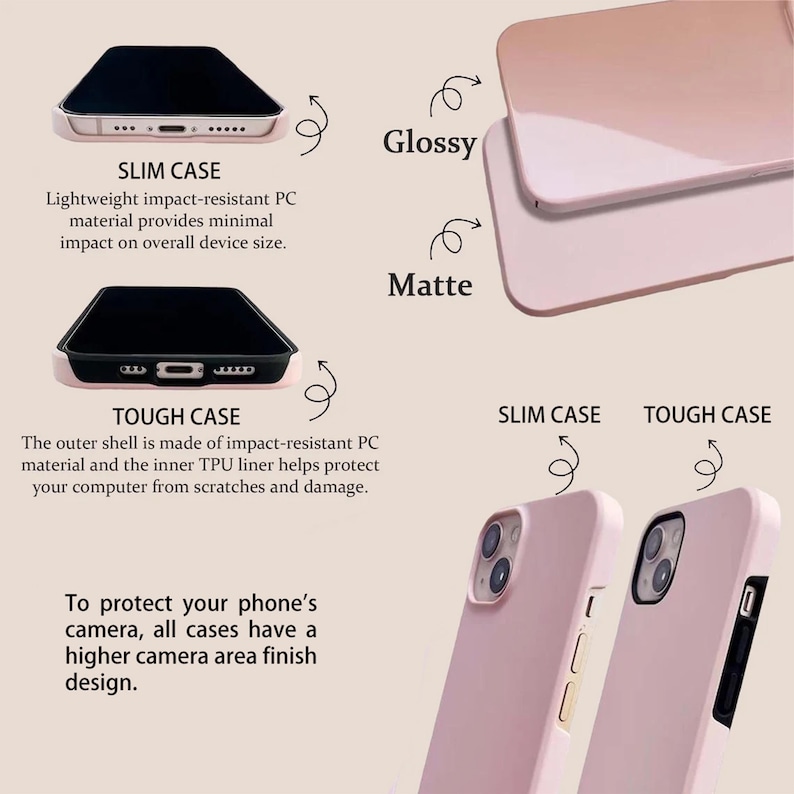 May include: Two phone cases, one labeled "Slim Case" and the other labeled "Tough Case", are shown in pink. The cases are made of impact-resistant PC material and have a higher camera area finish design. The text "To protect your phone's camera, all cases have a higher camera area finish design." is also shown.
