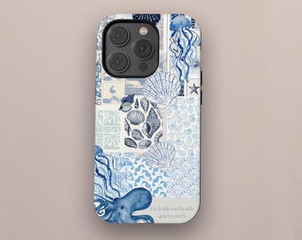 Beach Ocean Summer Blue Collage Cute Aethetic Seashells Vintage Phone Case for iPhone 17 16 15 14 13 Pro Max, Samsung S25 S24 S23 S22 Ultra
